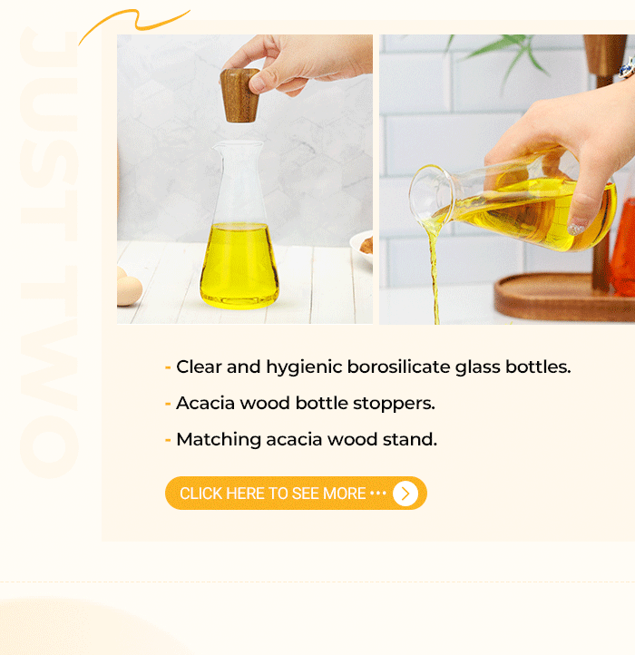 glass oil and dispenser jars with wood stoppers and rack set
