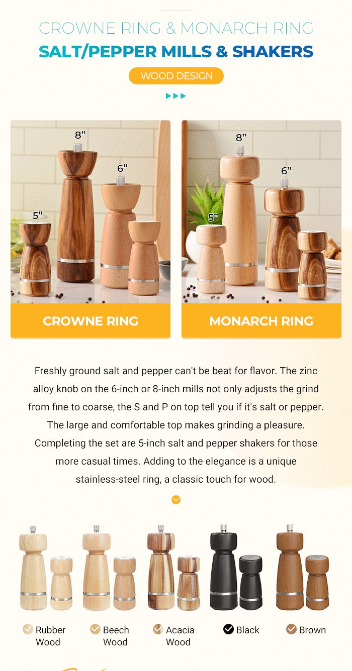 wood salt and pepper grinder with stainless steel ring decoration
