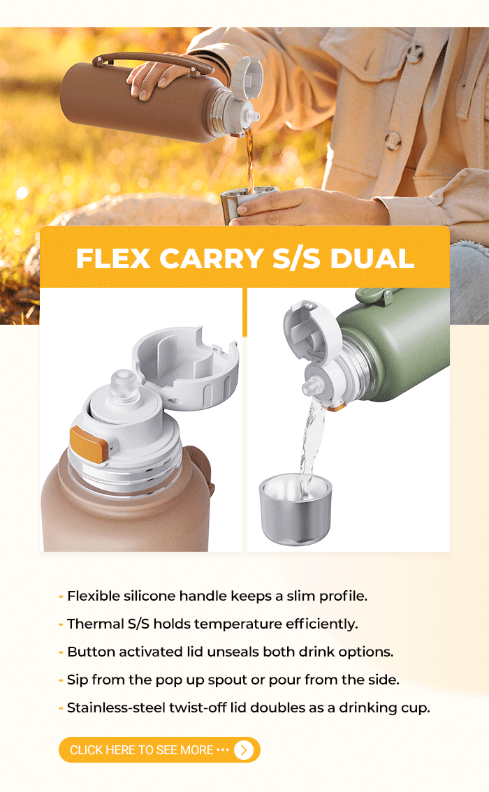 flex carry stainless steel portable thermal bottle with dual lid