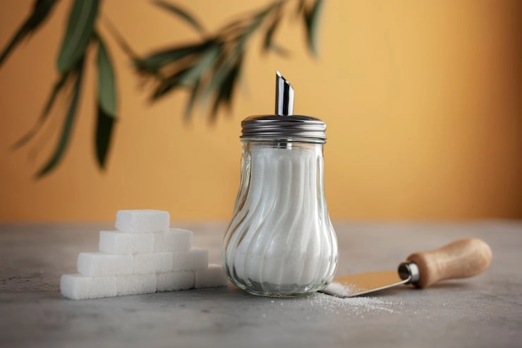 sugar container sugar cubes and sugar scoop on gray surface with orange background and green leaves