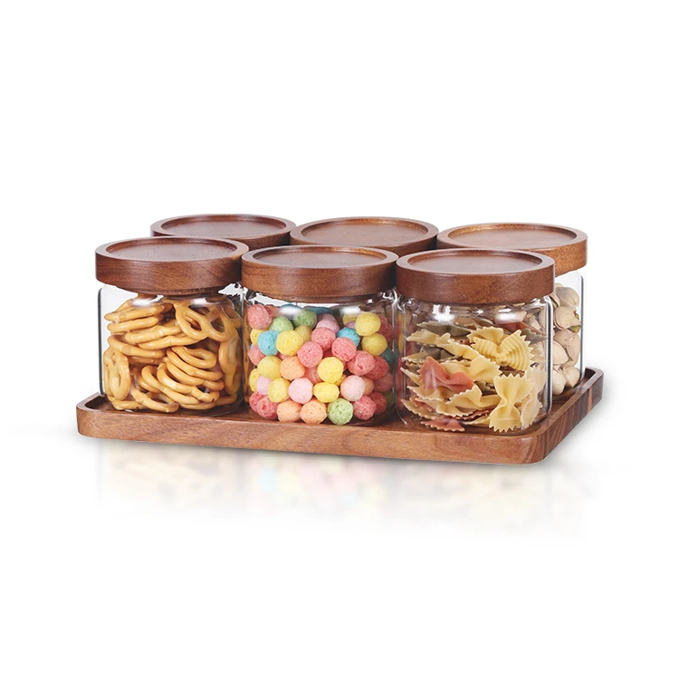Glass and Wood Food Storage Jars Set #8822900288229005 (1)