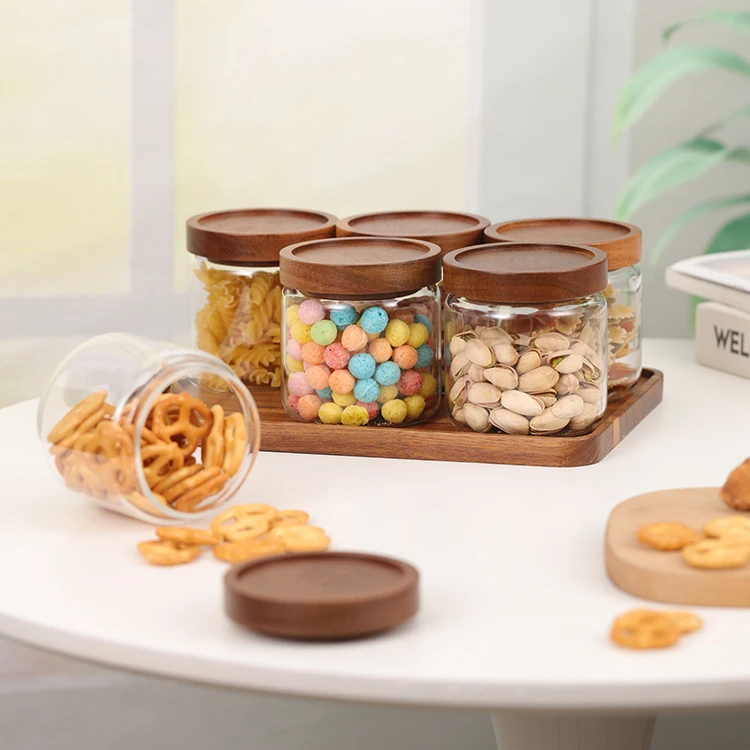 Glass and Wood Food Storage Jars Set #88229002