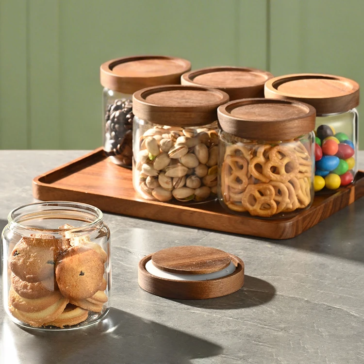Glass and Wood Food Storage Jars Set #8822900288229005 (3)